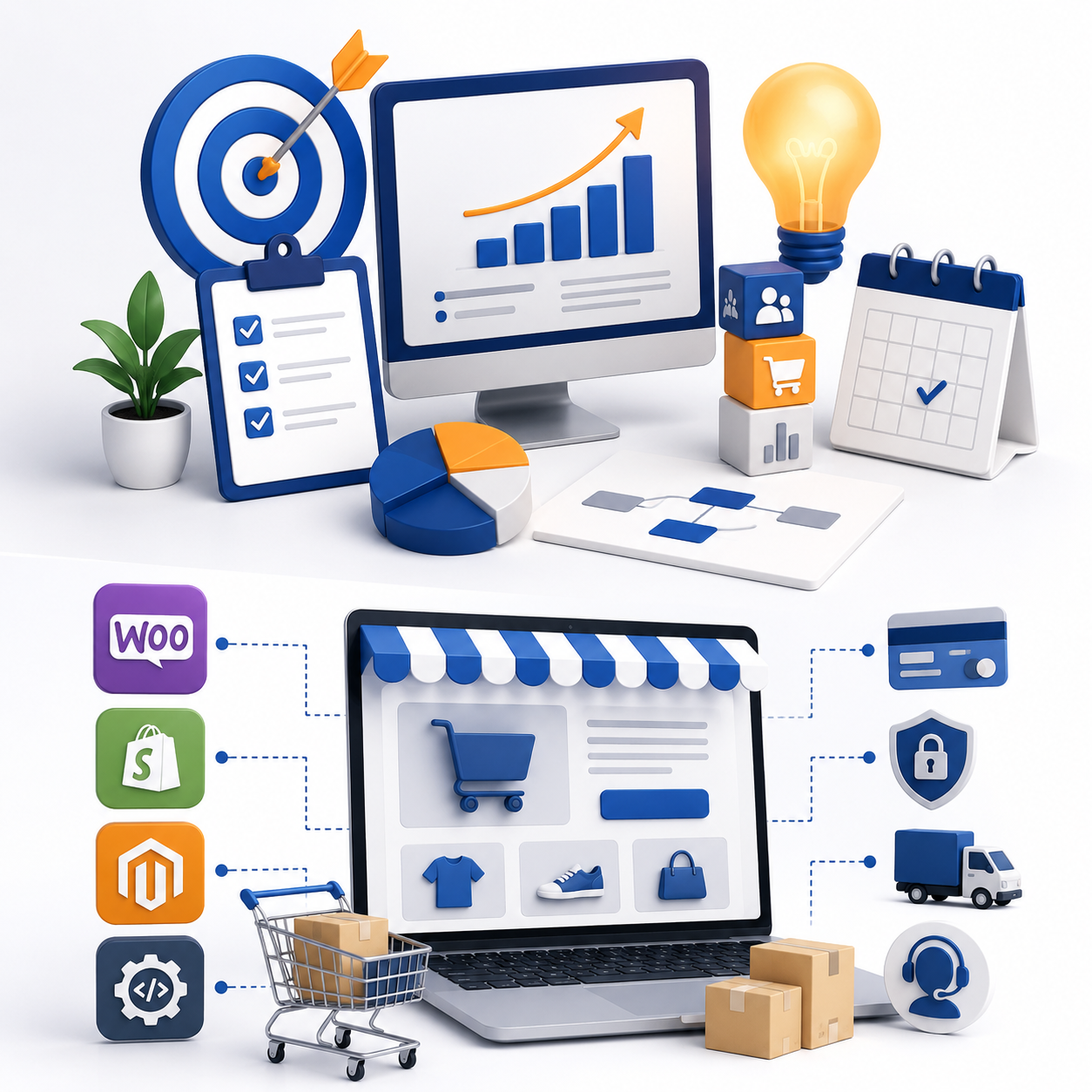 Modern square illustration showing business planning, website strategy, online store interface, shopping cart, secure payment, analytics, shipping, and scalable e-commerce platform concepts without text or people.