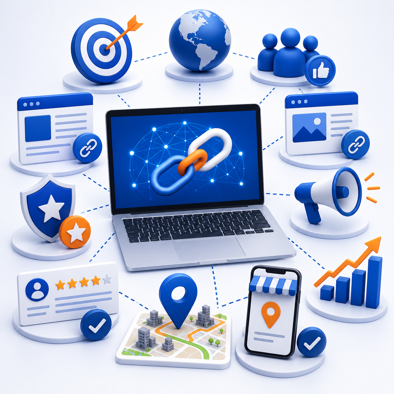 Square illustration of Off-Page SEO featuring a laptop connected to backlinks, customer reviews, local business location, website authority, trust badges, analytics, brand mentions, and search growth icons, with no text or human figures.