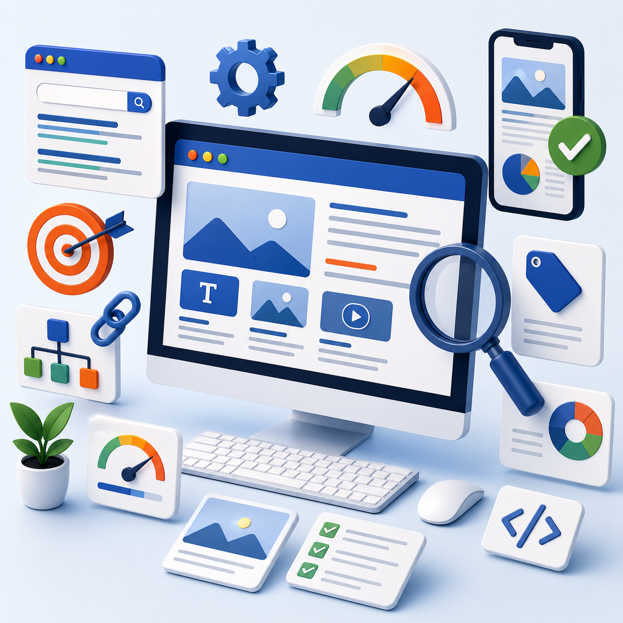 Modern square illustration of website optimization showing a desktop interface with abstract webpage layouts, search optimization, analytics dashboards, internal linking, page speed, mobile responsiveness, image optimization, and technical SEO elements without text or people.