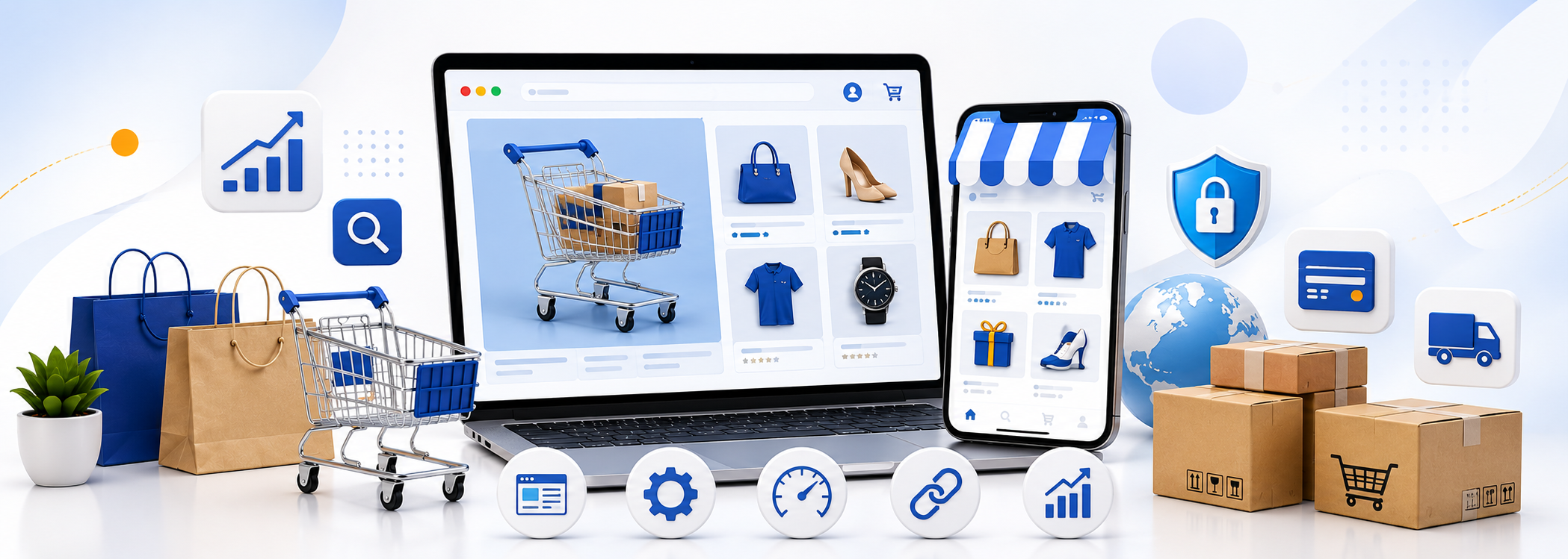 Wide digital illustration of a modern e-commerce website displayed across desktop and mobile devices with shopping cart, secure online payments, product catalog, shipping boxes, analytics, and digital commerce elements representing professional e-commerce website development in Dubai, UAE, without text or people.