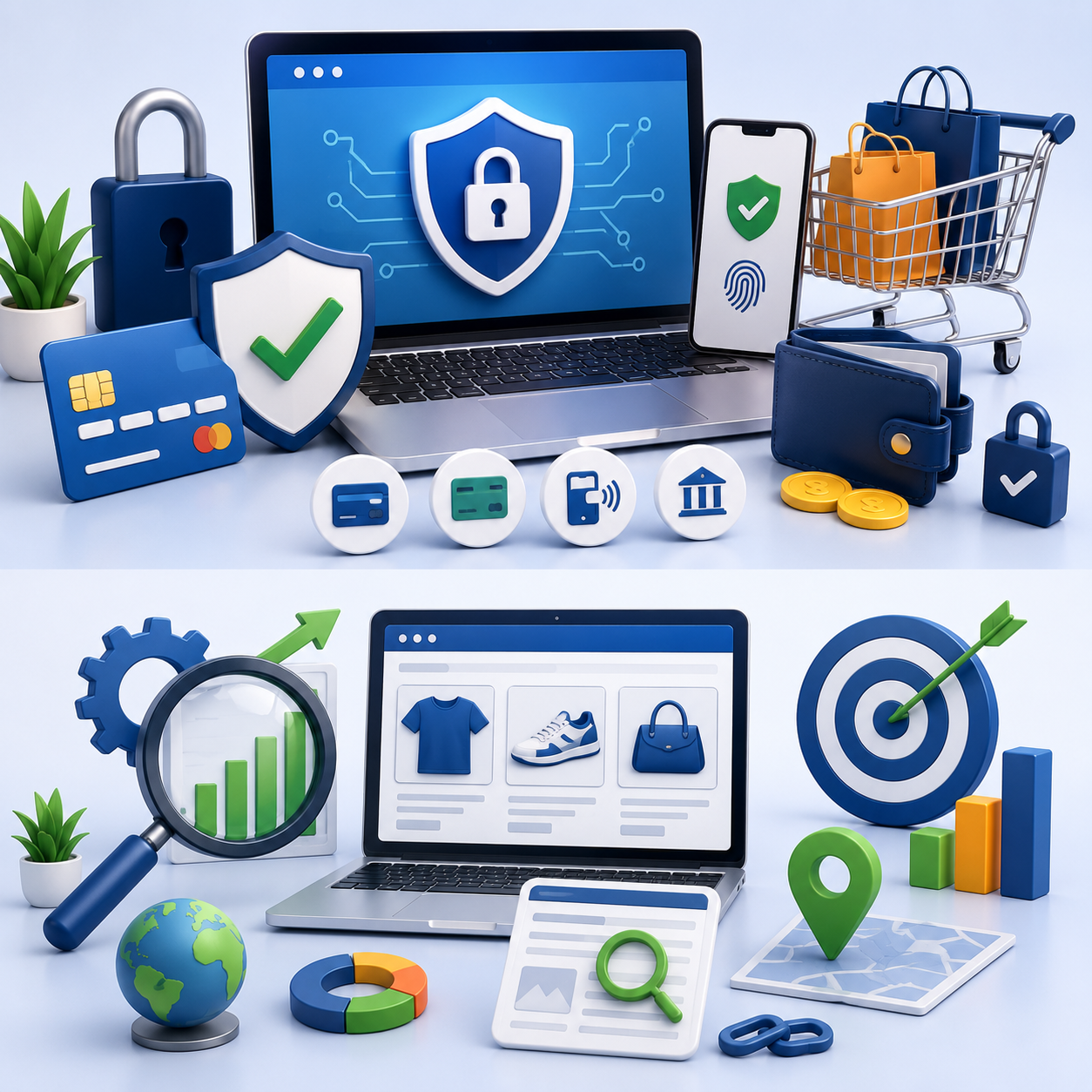 Square illustration of a secure e-commerce website featuring SSL security, protected online payments, shopping cart, SEO analytics, product optimization, search visibility, local search elements, and website performance icons with no text or people.