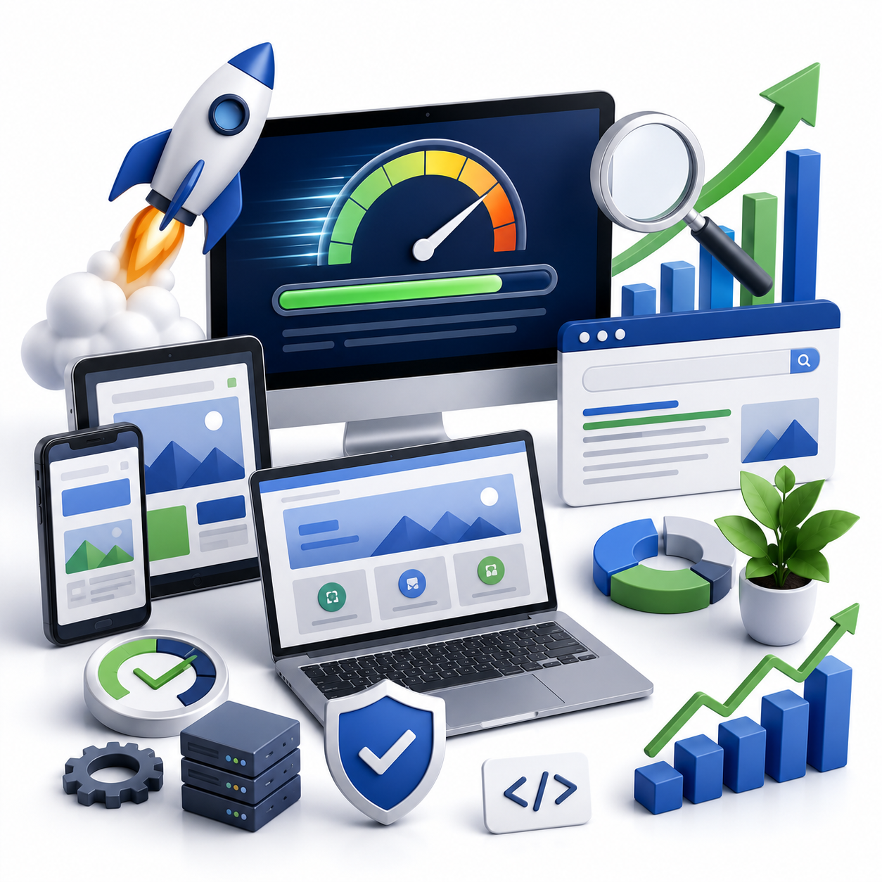 Modern 3D illustration of responsive website performance featuring desktop, laptop, tablet, and smartphone with speed optimization, SEO analytics, security, search visibility, and business growth elements on a clean background without text or people.