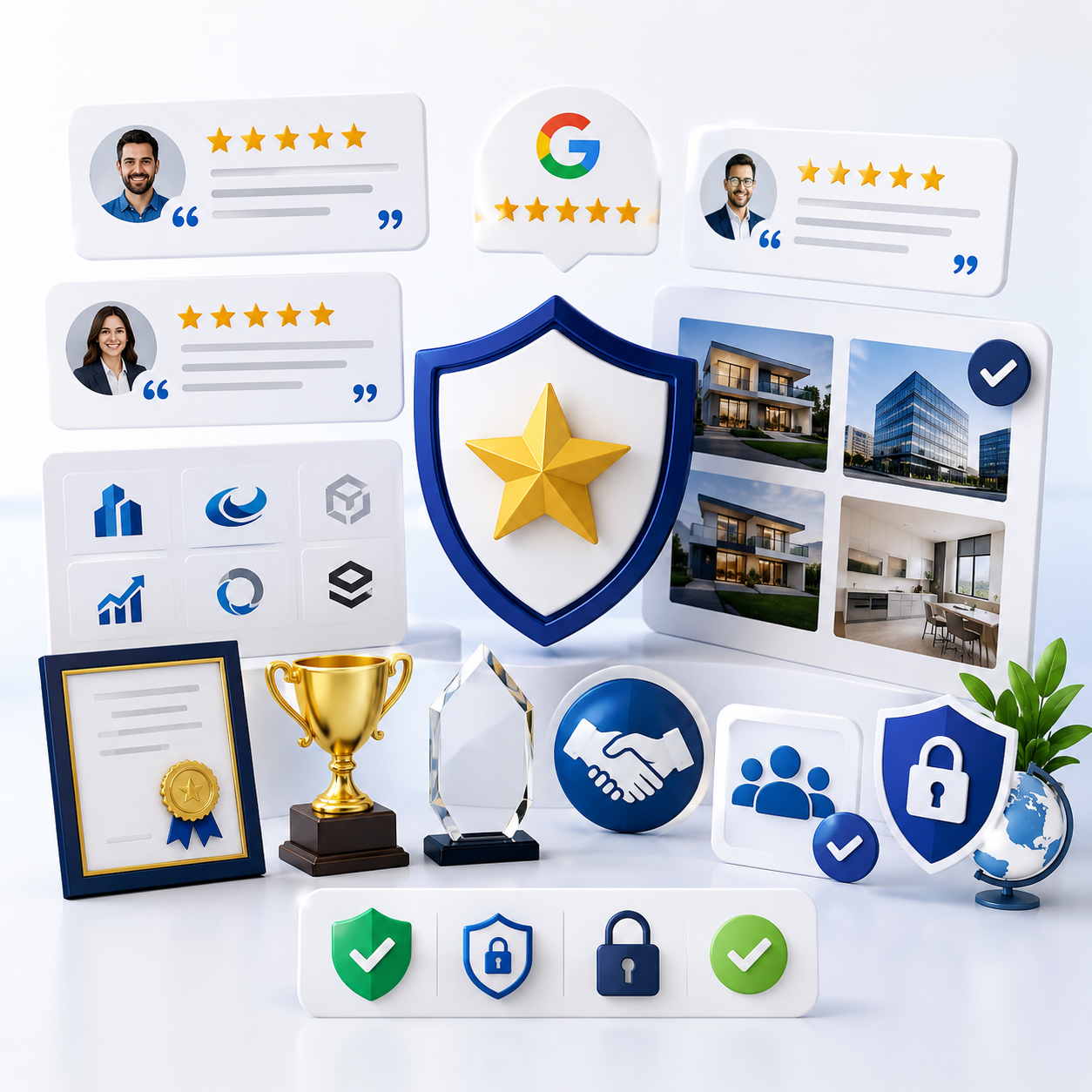 Professional business illustration featuring customer reviews, completed projects, certifications, trust badges, client credibility, and secure website elements to represent trust and online reputation.