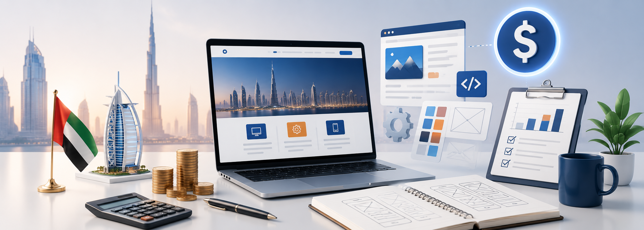 Modern website development planning workspace with budgeting, web design, and business elements representing the cost of website development in the UAE, displayed without text.