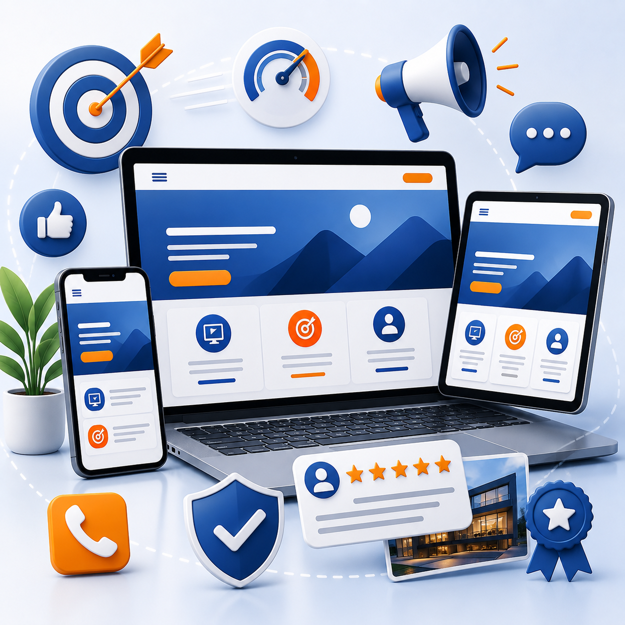 Responsive business website displayed across desktop, tablet, and smartphone with conversion-focused design, call-to-action elements, trust signals, and mobile optimization to increase website leads.