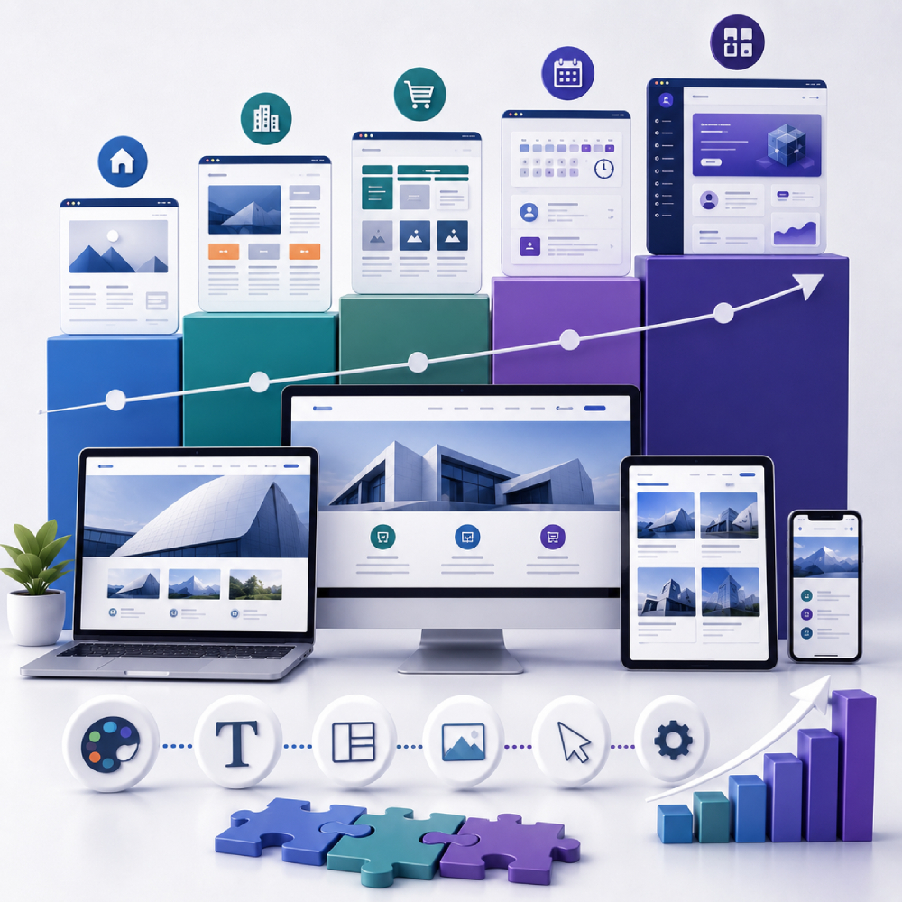3D illustration of responsive website development displayed across desktop, laptop, tablet, and mobile devices with abstract user interface layouts, design components, and scalable website concepts representing custom web design, business websites, eCommerce platforms, and professional website development without text or people.
