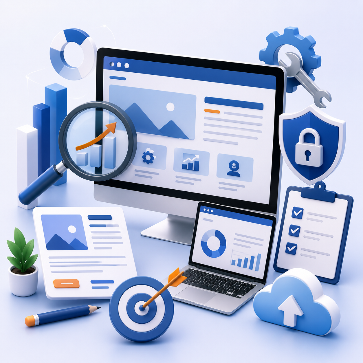 Modern 3D illustration of website SEO, content optimization, analytics, security, cloud maintenance, and performance monitoring displayed on desktop and laptop devices with abstract interface elements, representing long-term website growth without text or people.
