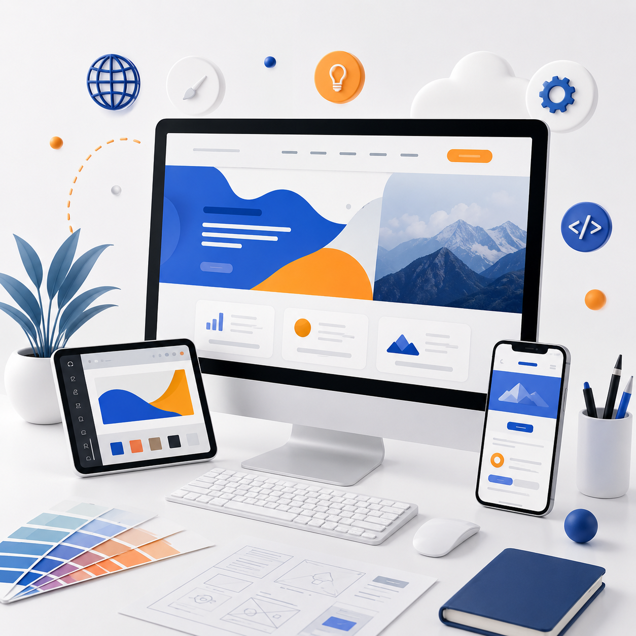 Creative UI/UX website design process with responsive layouts, coding, testing, and optimization for business websites.