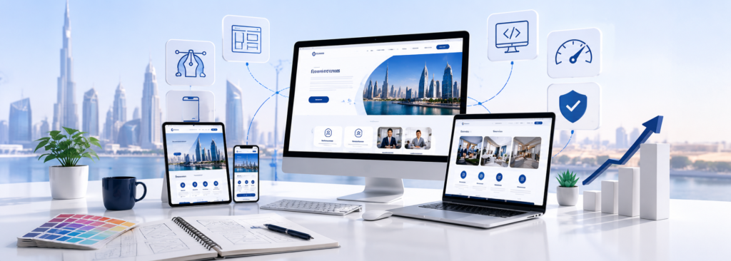Modern web design workspace with responsive website mockups, digital design elements, business growth visuals, and a Dubai-inspired skyline representing professional web design services.