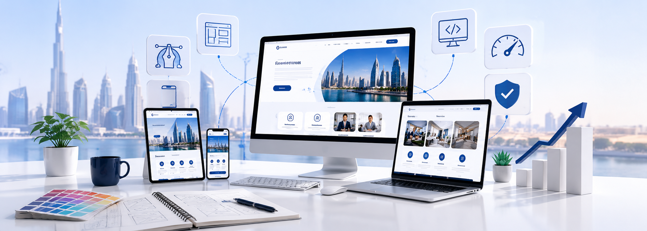 Modern web design workspace with responsive website mockups, digital design elements, business growth visuals, and a Dubai-inspired skyline representing professional web design services.