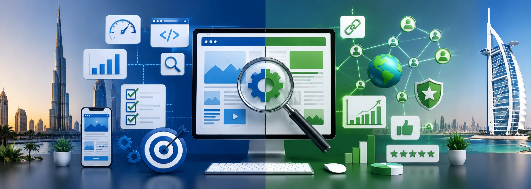 Wide digital illustration showing the relationship between on-page SEO and off-page SEO through website optimization, analytics, search performance, backlinks, authority, and ranking growth using abstract website elements without text or people.