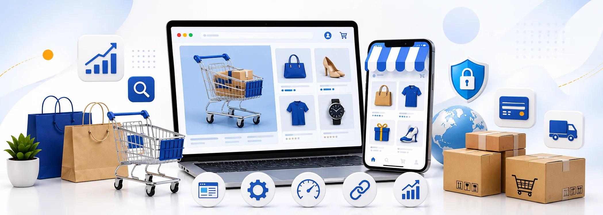 Wide digital illustration of a modern e-commerce website displayed across desktop and mobile devices with shopping cart, secure online payments, product catalog, shipping boxes, analytics, and digital commerce elements representing professional e-commerce website development in Dubai, UAE, without text or people.