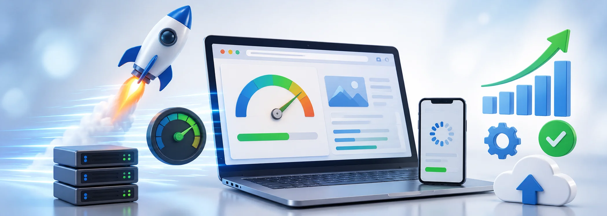 Modern 3D illustration of website speed optimization featuring a fast-loading website interface, performance dashboard, cloud hosting, server infrastructure, and analytics with a Dubai skyline in the background, representing business growth and improved web performance without text.