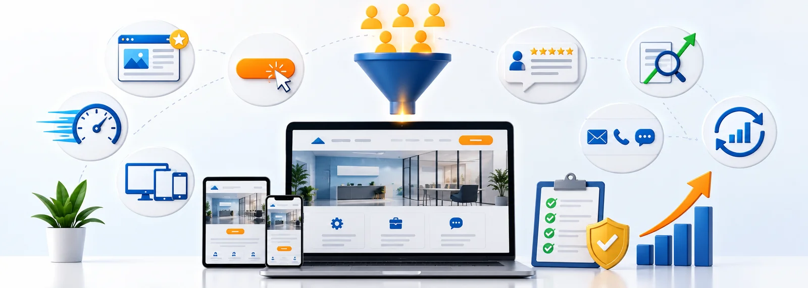 Modern business website illustration showing responsive web design, lead generation, SEO optimization, customer trust, website performance, call-to-action elements, analytics growth, and multi-device user experience without text.