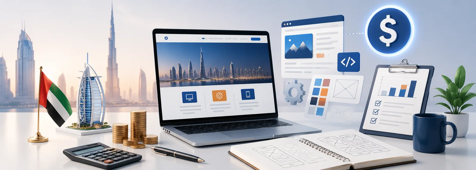 Modern website development planning workspace with budgeting, web design, and business elements representing the cost of website development in the UAE, displayed without text.